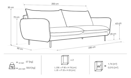 Canapea Vienna fixa 4 locuri catifea personalizabila - L230 cm