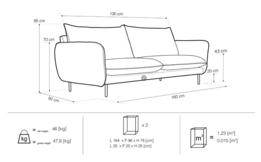 Canapea Vienna fixa 2 locuri velur personalizabila