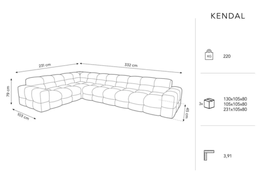 Coltar Kendal 6 locuri stofa catifelata personalizabil - L332 cm